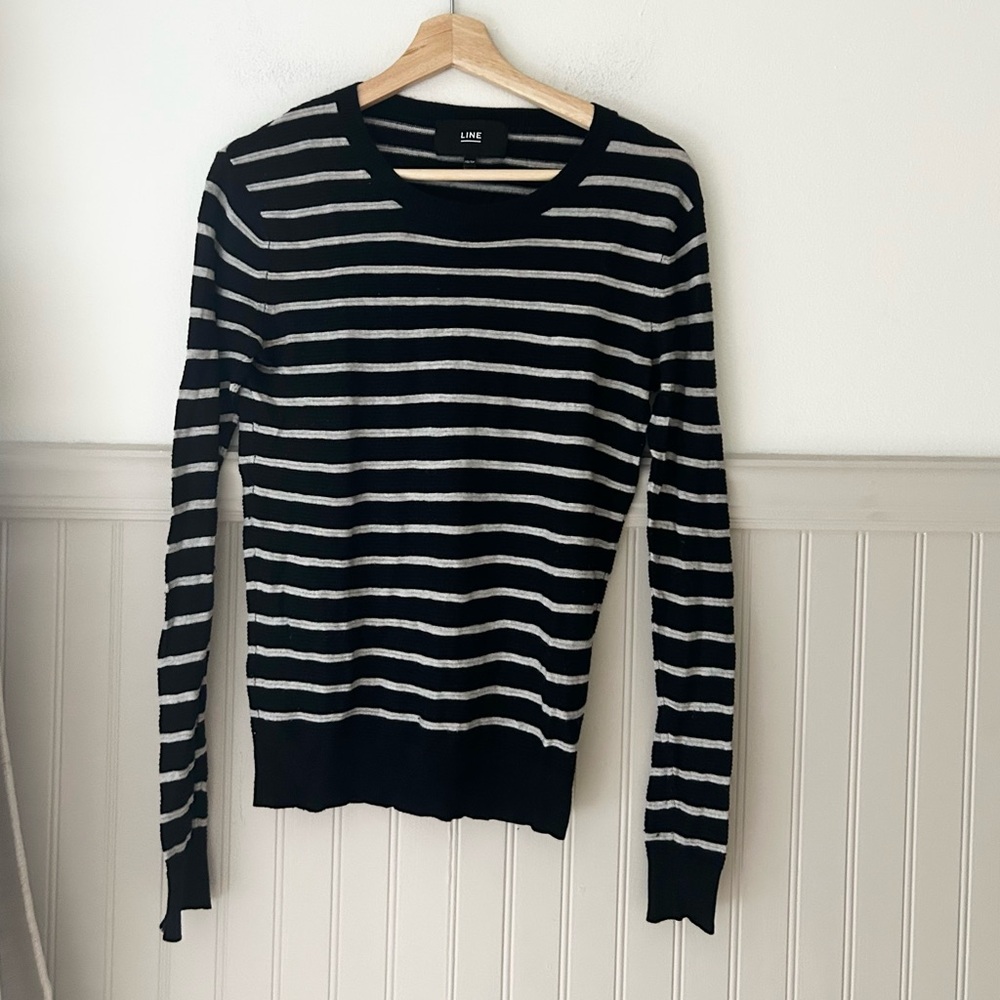 LINE Cashmere Blend Black Gray Striped Crew Neck Sweater XS Cozy Knit Pullover